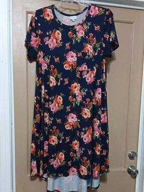 LuLaRoe Navy Floral High-Low Dress with Pink and Orange Roses